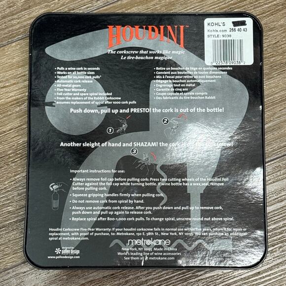 Metrokane Houdini‎ Metal Lever Corkscrew Foil Cutter Spiral Wine Bottle Opener - Picture 3 of 3